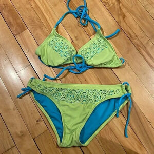 Arizona Jeans lime/teal laser cut design halter tie bikini. Small.
